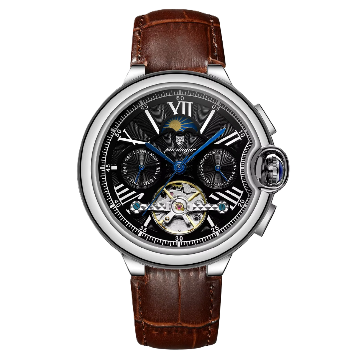 Poedagar Luxury Hollow Tourbillon Automatic Mechanical Watch Waterproof Luminous Stainless Steel Watch for Men 1413 SL BK L