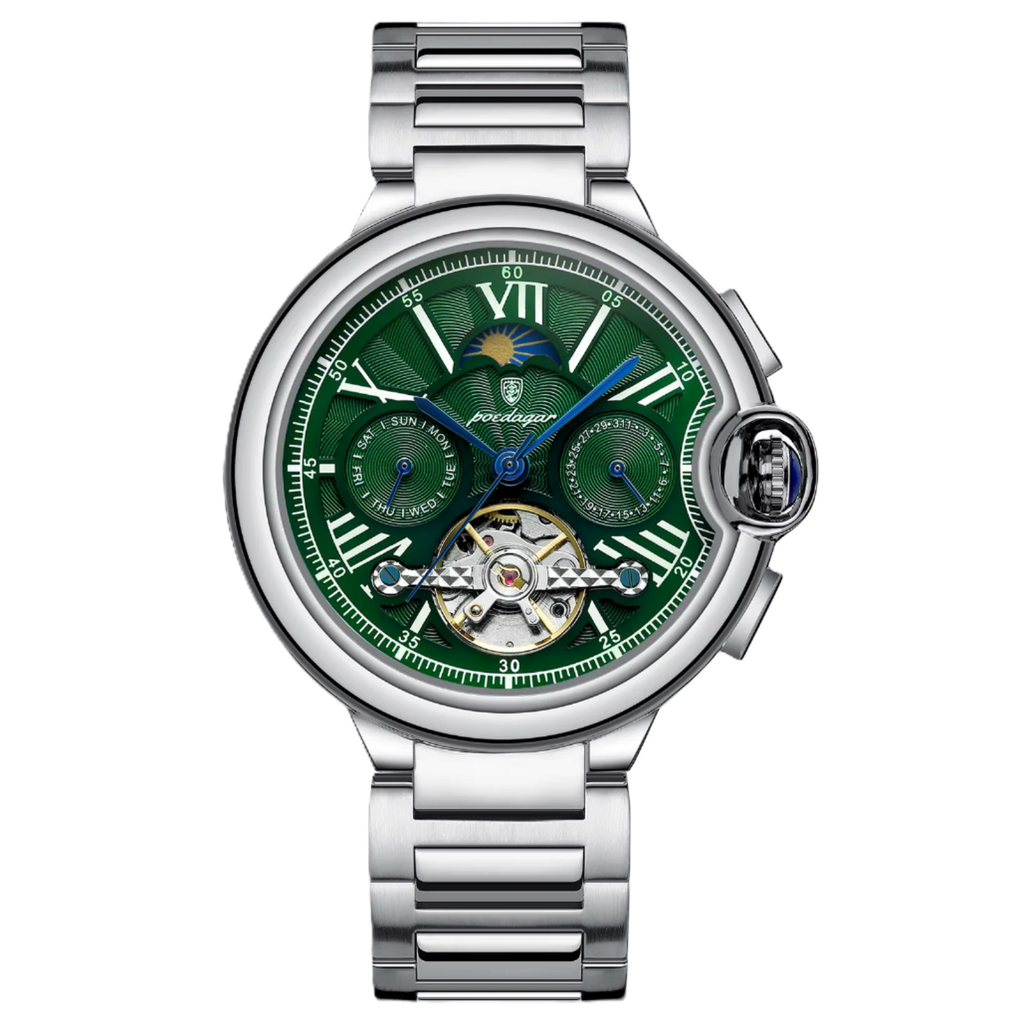 Silver watch with green dial and POEDAGAR logo at the top