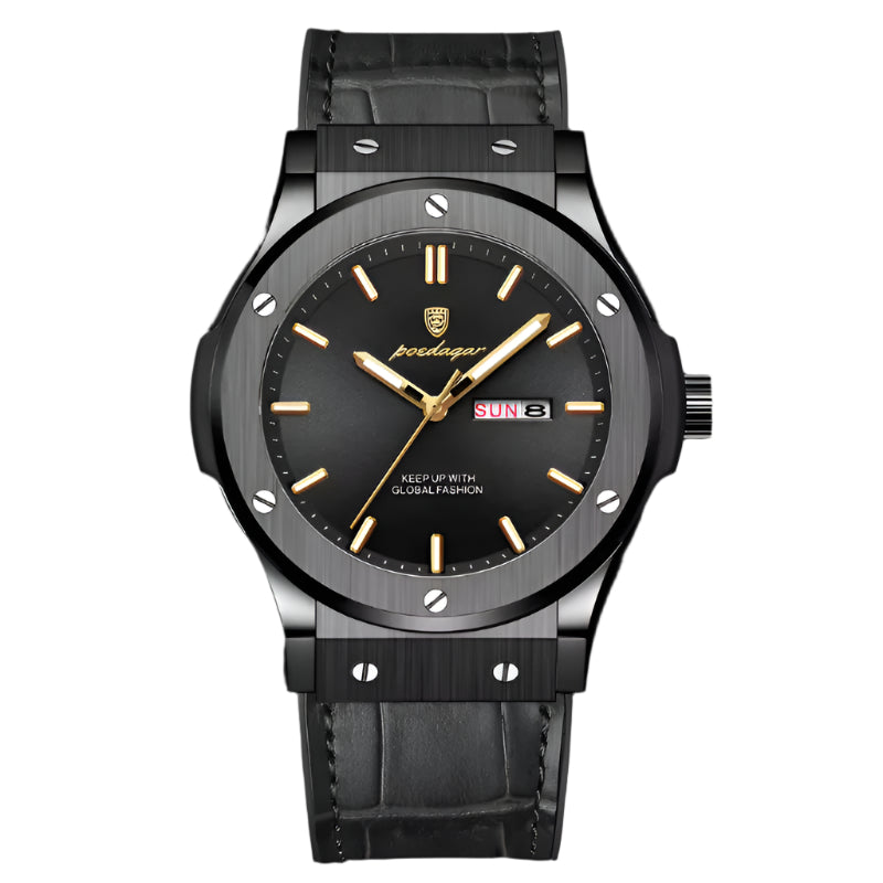 Poedagar luxury waterproof men watch _ Black leather strap black dial