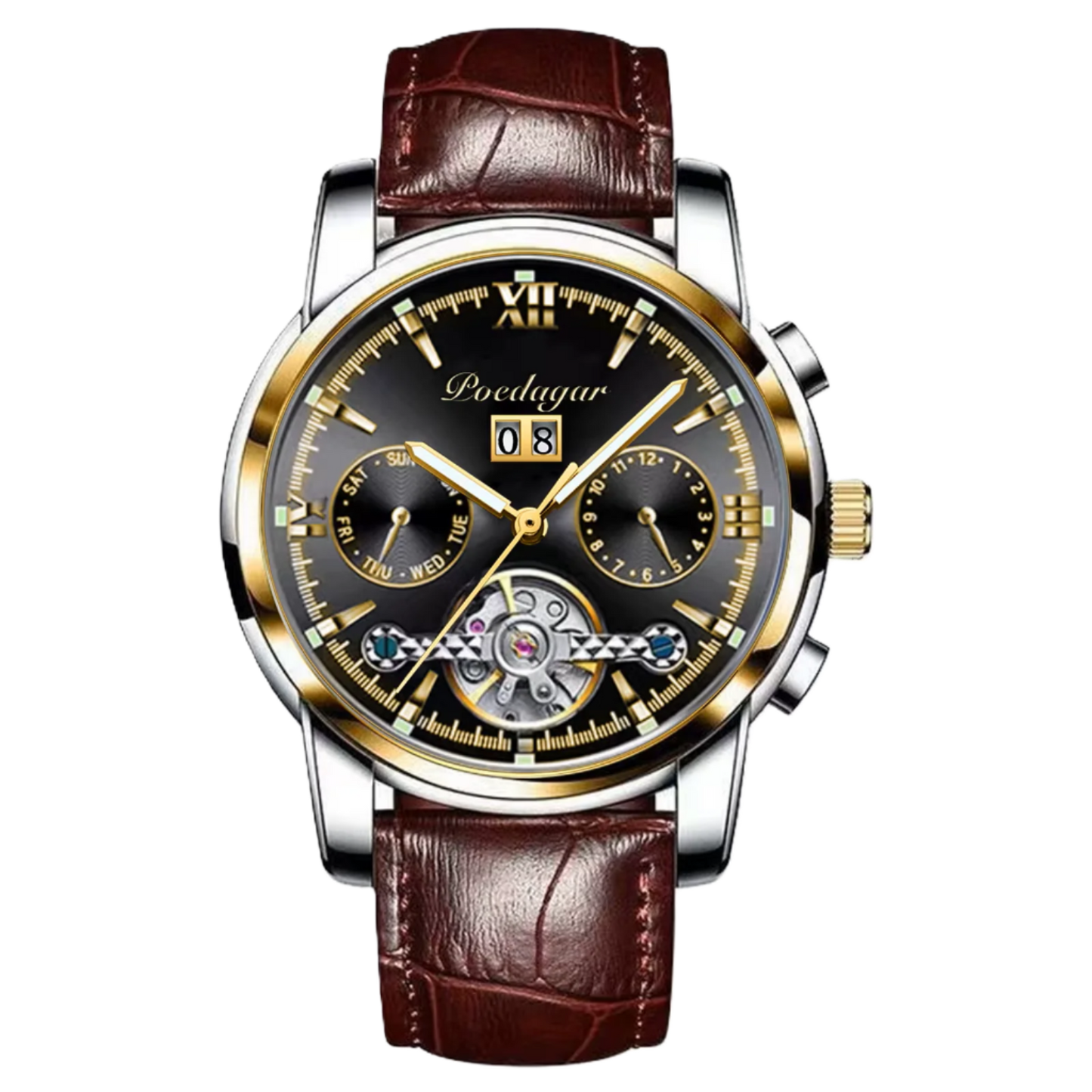 Poedagar Fashion Luxury Waterproof Men Watch Luminous Calendar Stainless Steel Men Mechanical Watch _ 8051 GD BK L