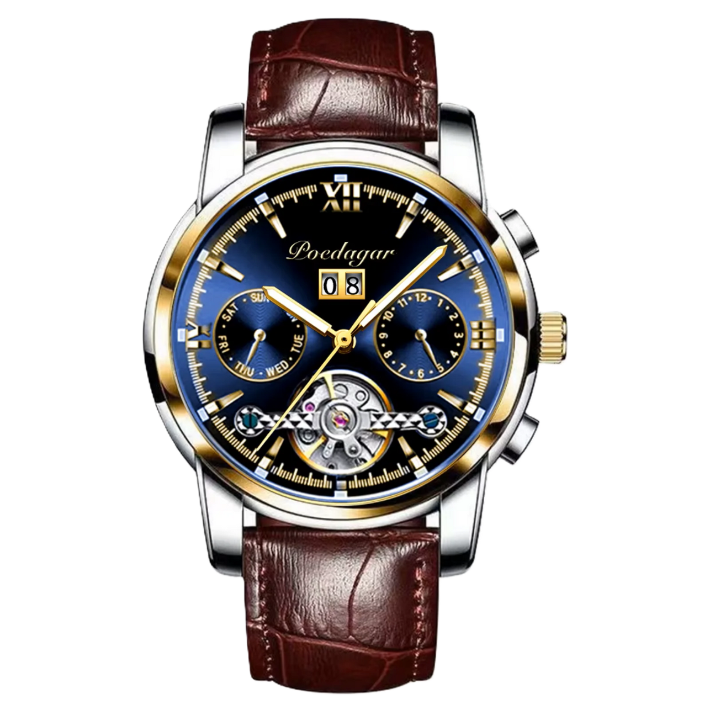 Poedagar Fashion Luxury Waterproof Men Watch Luminous Calendar Stainless Steel Men Mechanical Watch _ 8051 GD BU L
