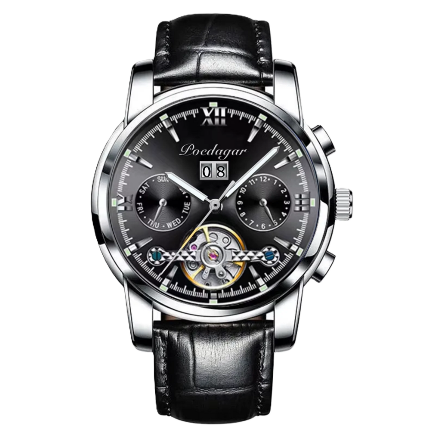 POEDAGAR watch with black leather strap and detailed face on a white background