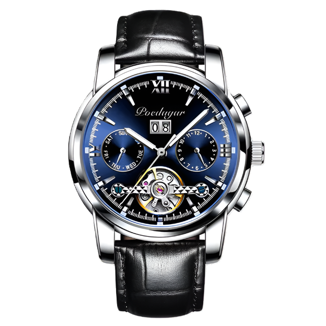 Luxury watch with black leather strap and blue dial on a white background