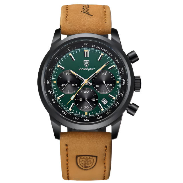 Wristwatch with green dial and brown leather strap, featuring POEDAGAR brand logo.