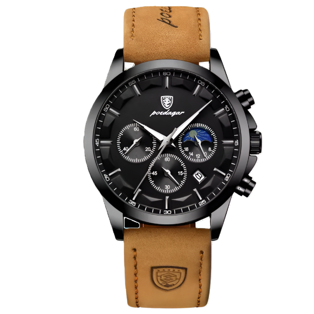 POEDAGAR watch with brown leather strap on a white background