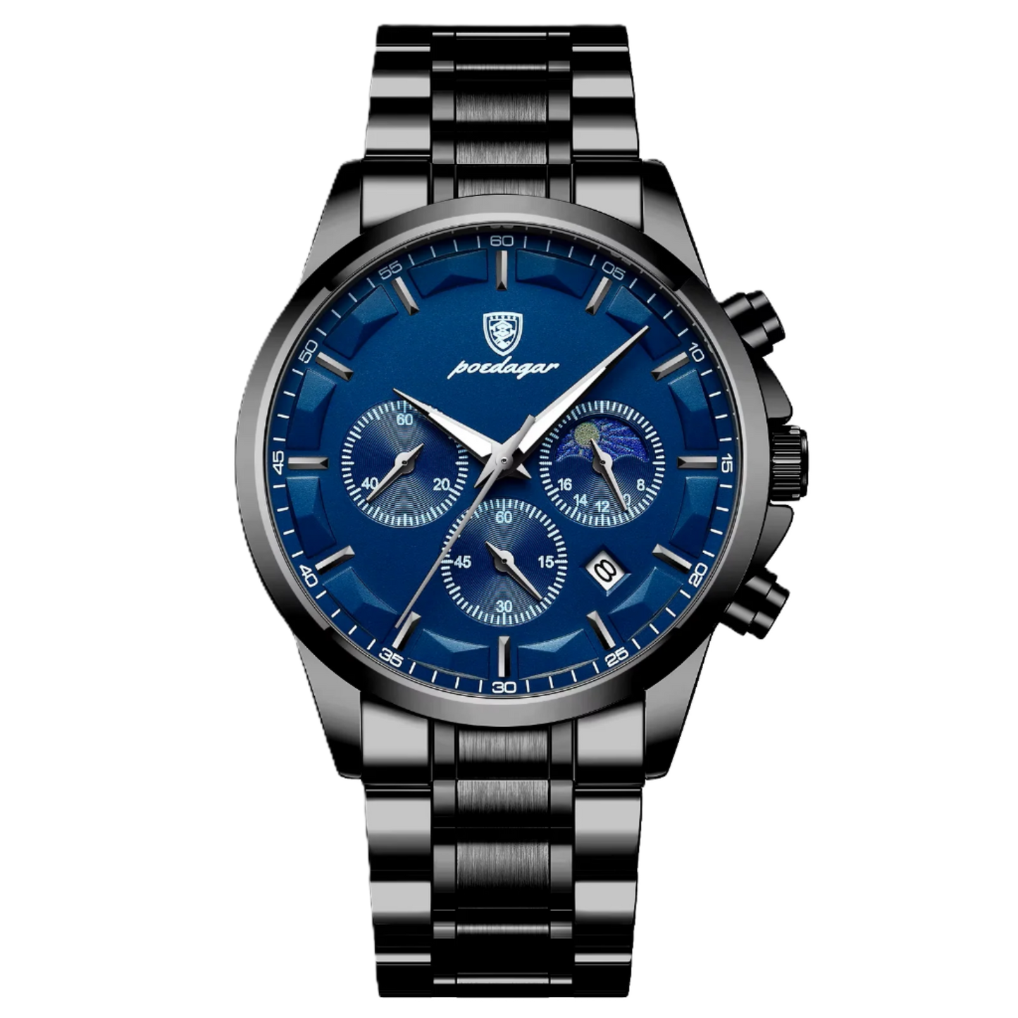 POEDAGAR watch with blue dial and silver bracelet on a white background
