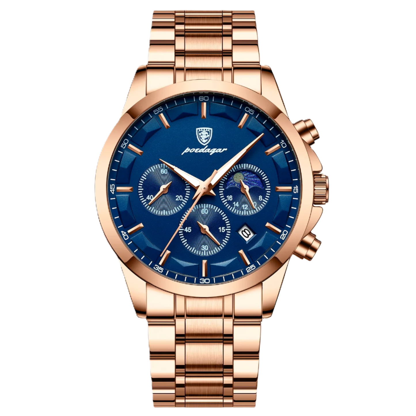 Rose gold watch with blue dial on a white background, featuring the POEDAGAR brand.