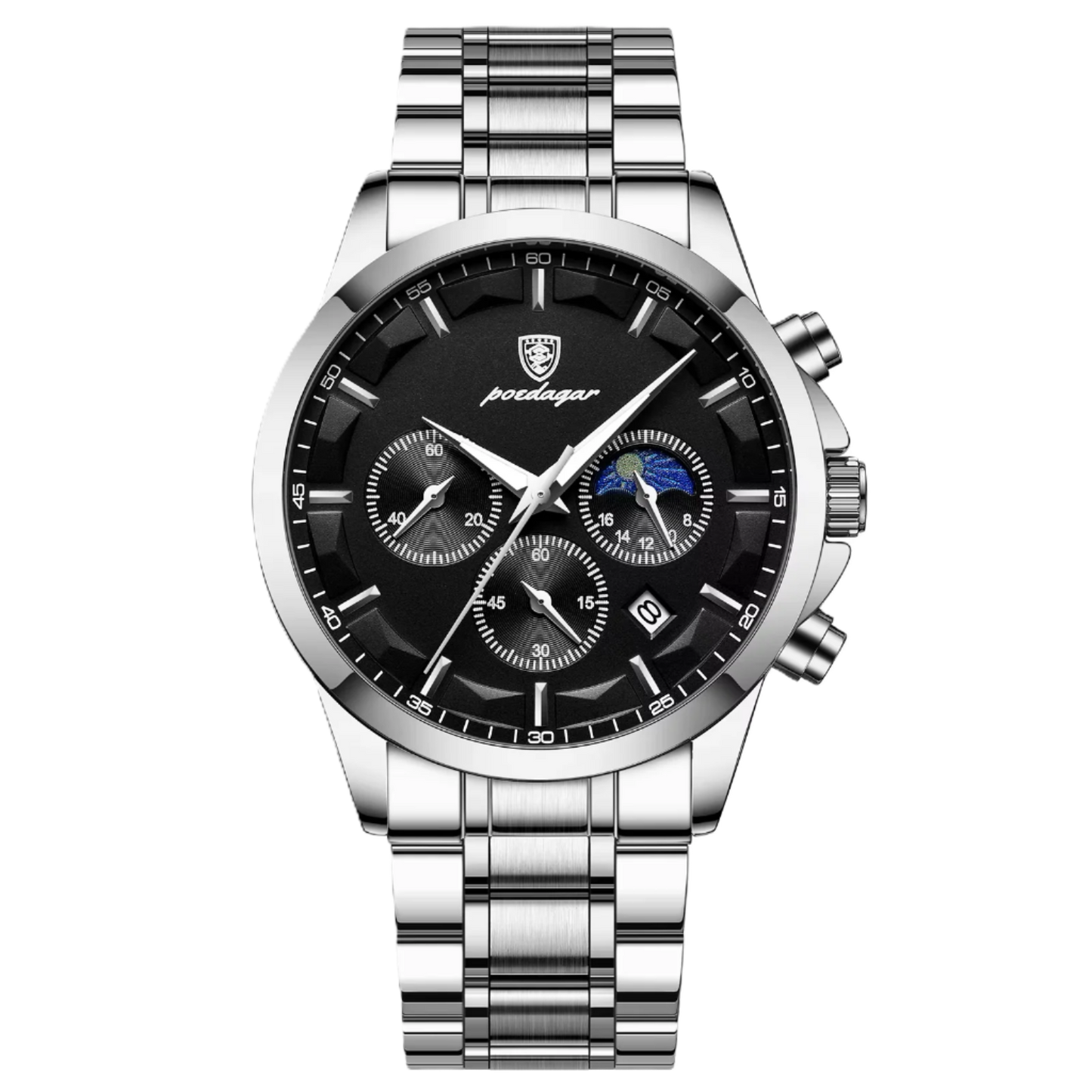 Silver watch with black dial on a white background, featuring the Poedagar brand.