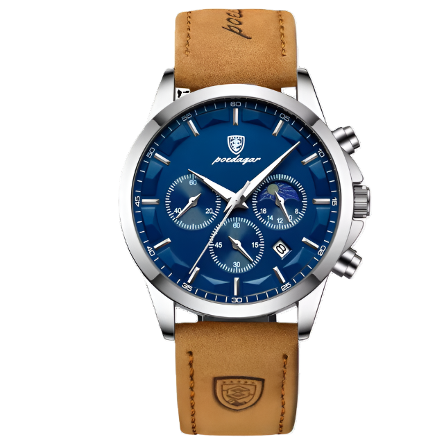 Wristwatch with blue dial and brown leather strap, featuring POEDAGAR brand logo.
