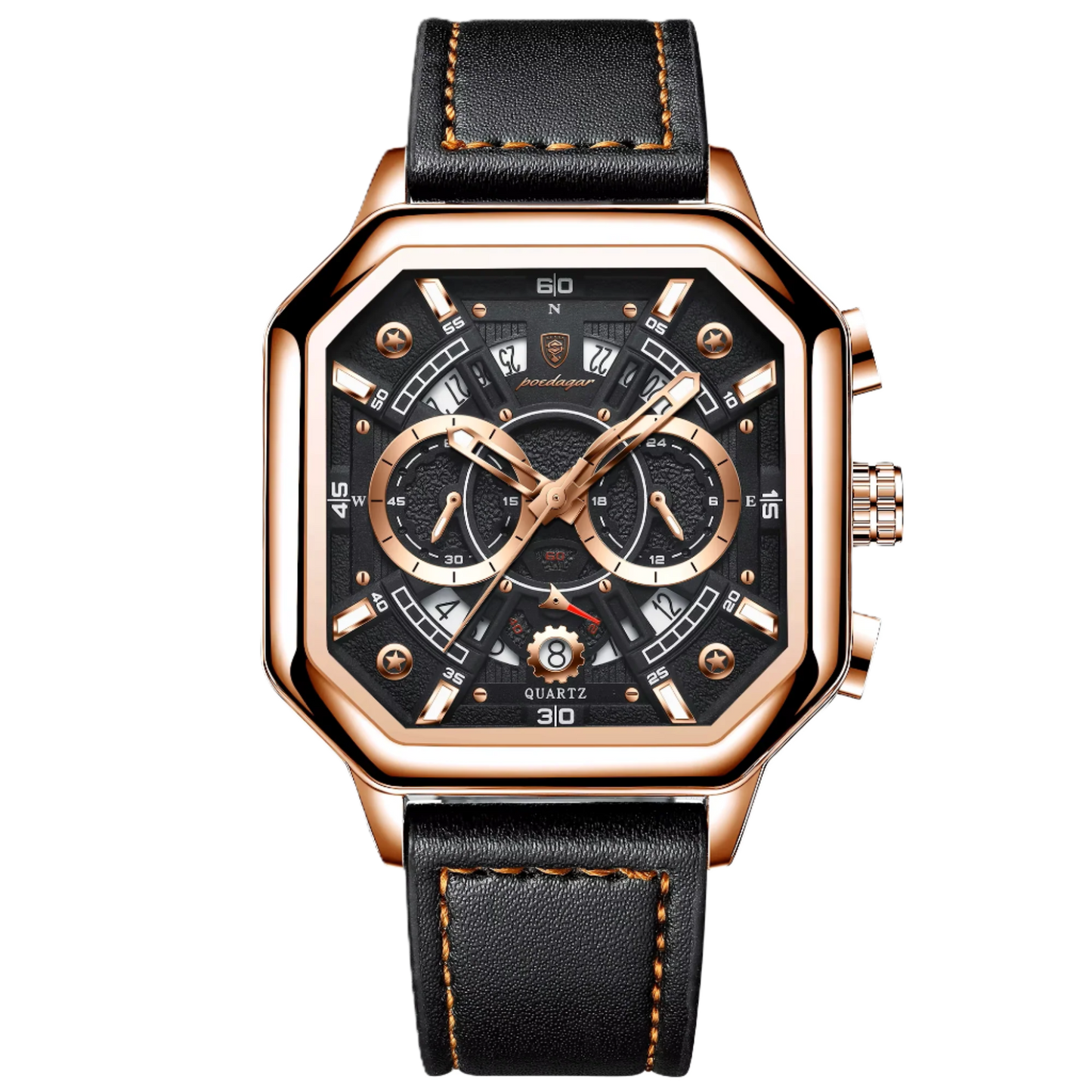 Poedagar Luxury Square Leather Quartz Men Watches Waterproof Luminous Chronograph Watch for Men 983 GD BK L