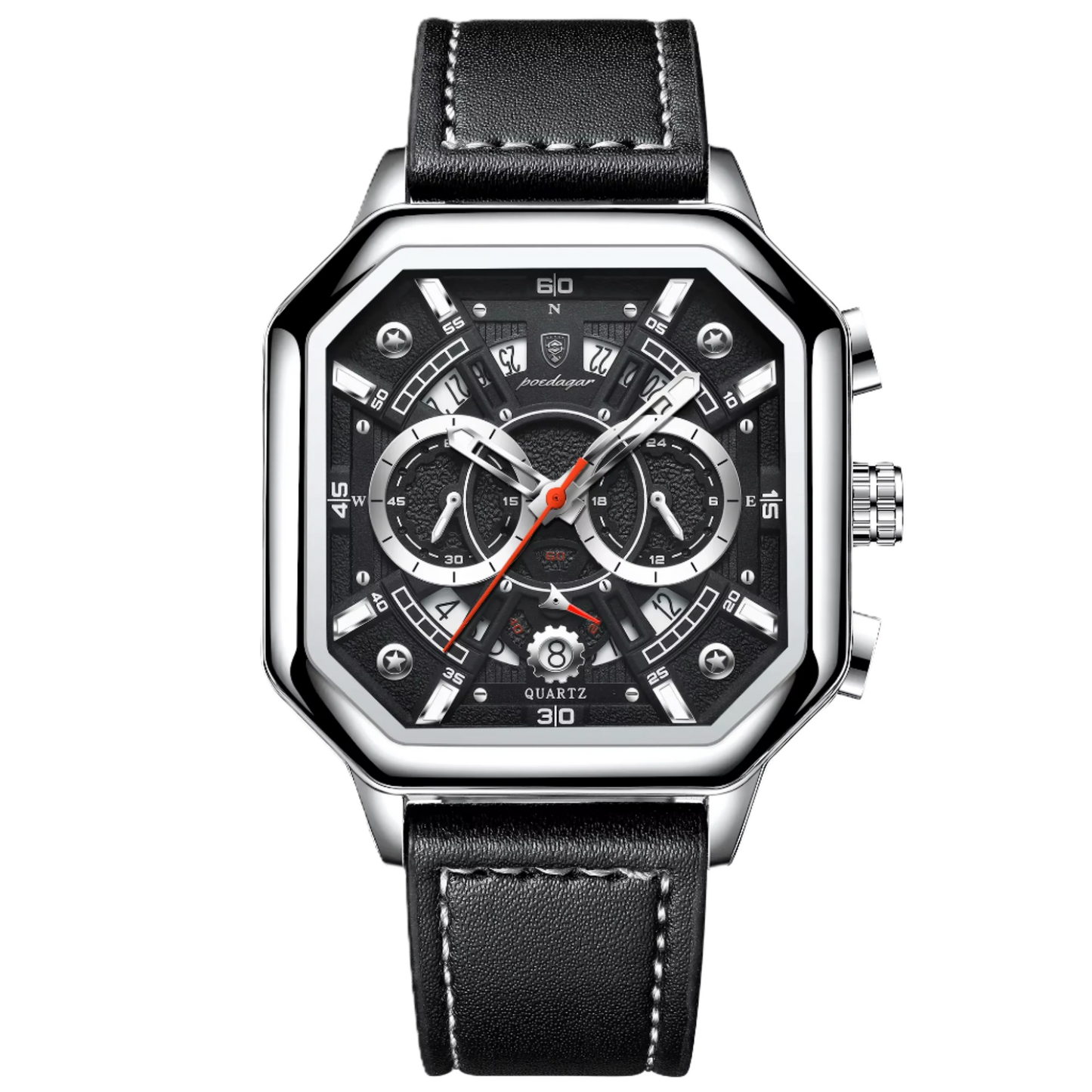 Poedagar Luxury Square Leather Quartz Men Watches Waterproof Luminous Chronograph Watch for Men 983 SL BK L