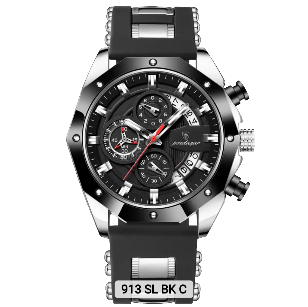 Poedagar New Silicone Strap Men Watches Waterproof Luminous Chronograph Quartz Watches for Men 913 SL BK C