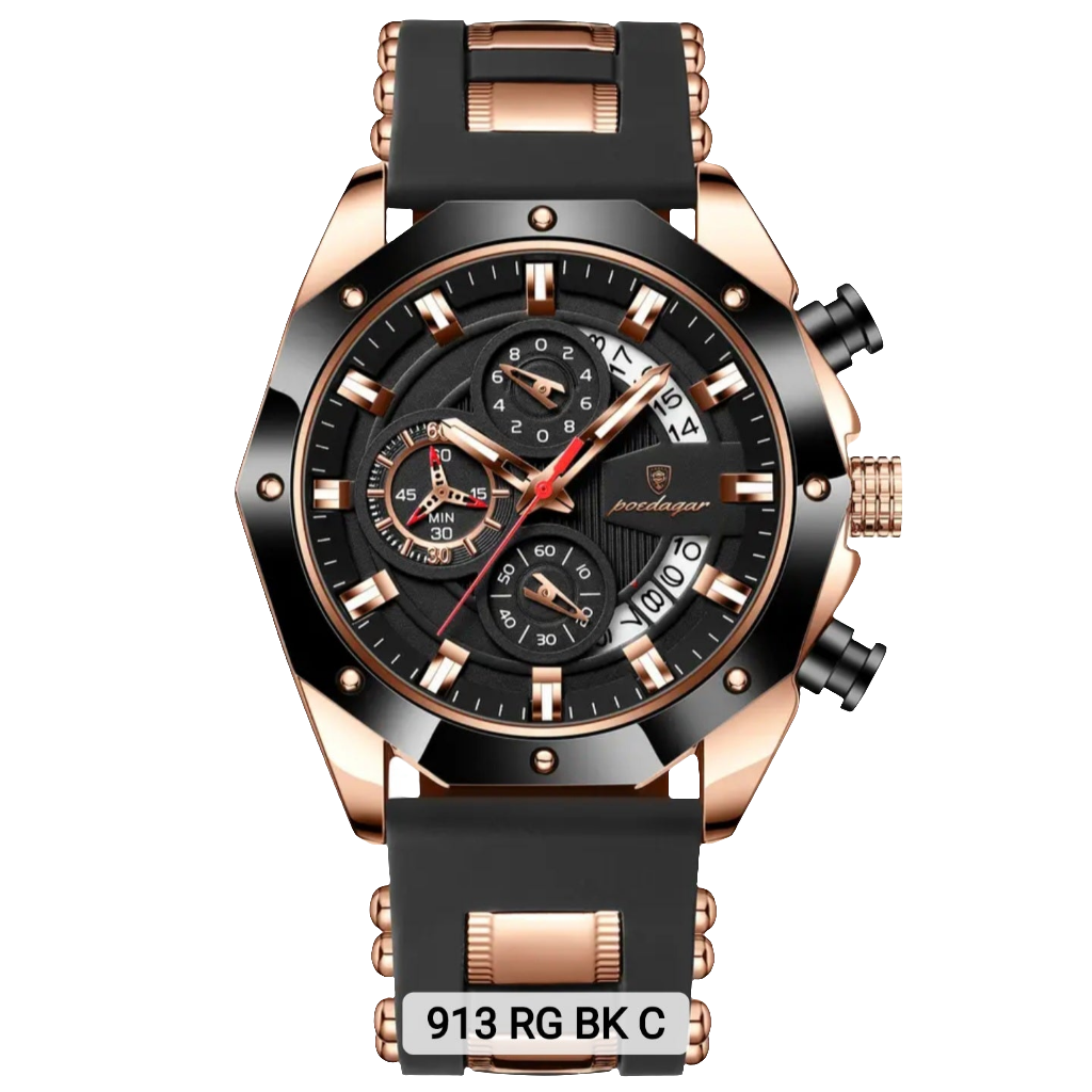 Poedagar New Silicone Strap Men Watches Waterproof Luminous Chronograph Quartz Watches for Men 913 RG BK C