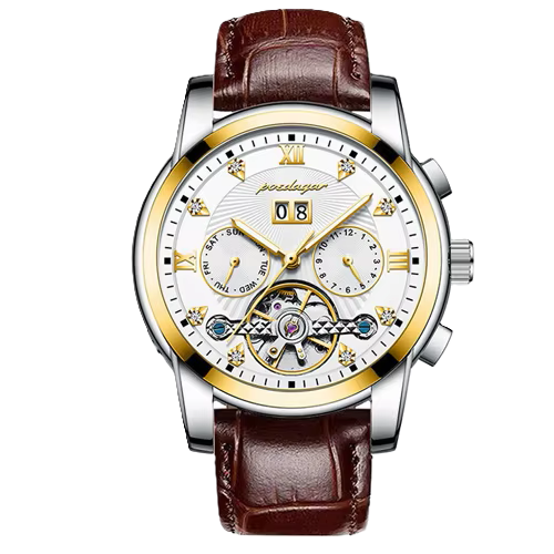 Poedager Fashion Waterproof Luxury Men Automatic Wristwatch Stainless Steel Luminous Mechanical Watch _ 1403 GD WH L