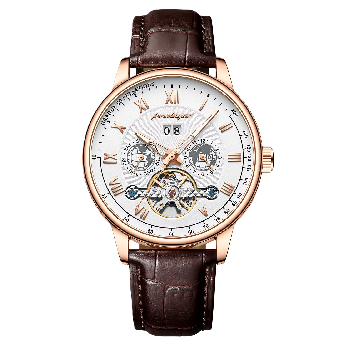 Poedagar New Arrival Fashion Mechanical Men Watch Waterproof Luminous Leather Watches Men Wrist Calendar Watch for Men Clock_ 1409 RG WH L