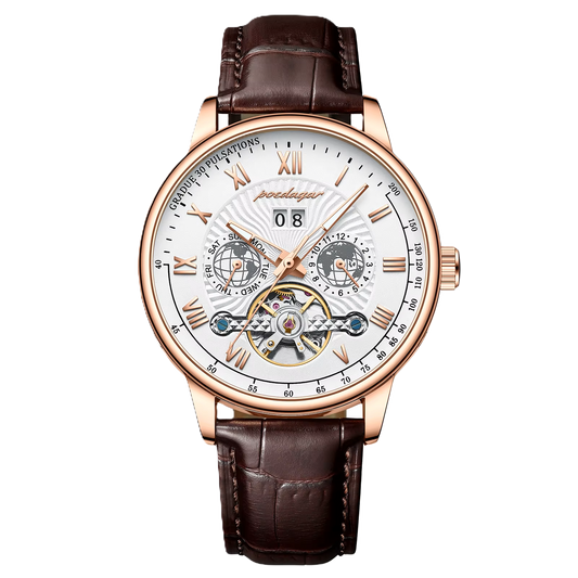 Poedagar New Arrival Fashion Mechanical Men Watch Waterproof Luminous Leather Watches Men Wrist Calendar Watch for Men Clock_ 1409 RG WH L