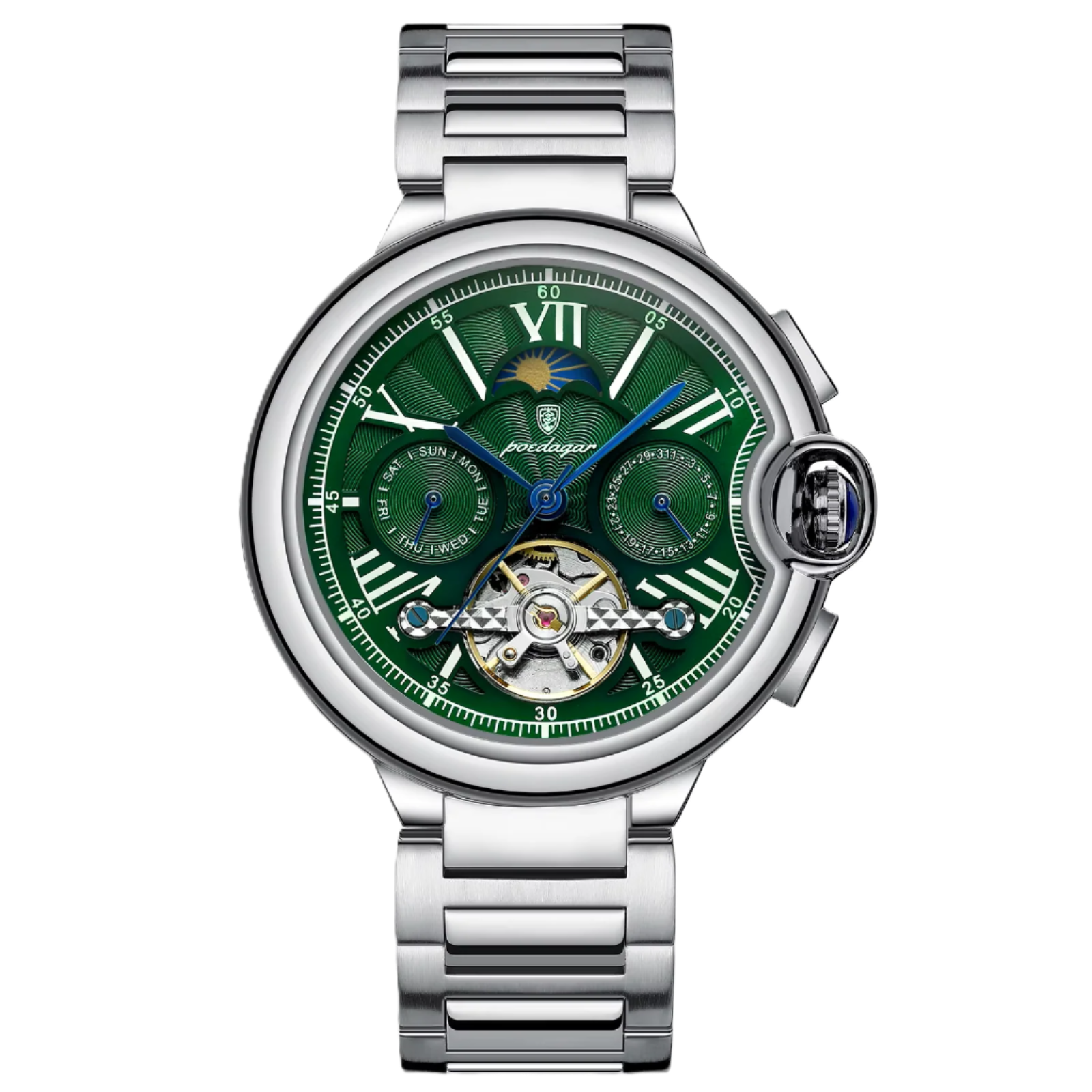 Silver watch with green dial and POEDAGAR logo at the top