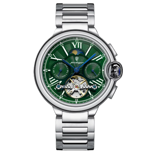 Silver watch with green dial and POEDAGAR logo at the top