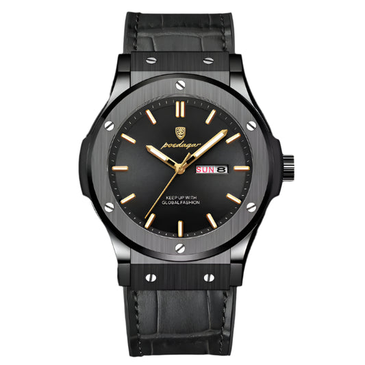 Poedagar luxury waterproof men watch _ Black leather strap black dial