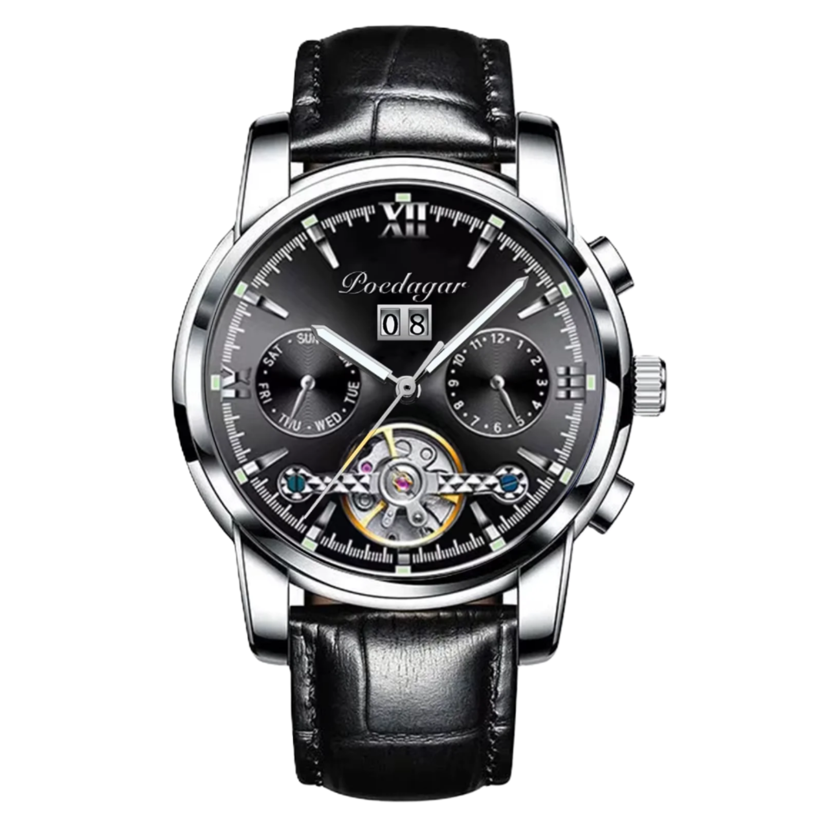 POEDAGAR watch with black leather strap and detailed face on a white background