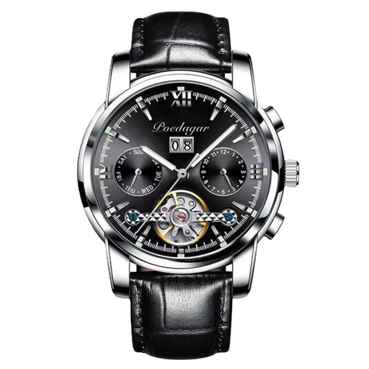 POEDAGAR watch with black leather strap and detailed face on a white background