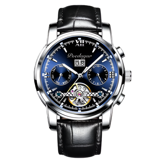 Luxury watch with black leather strap and blue dial on a white background
