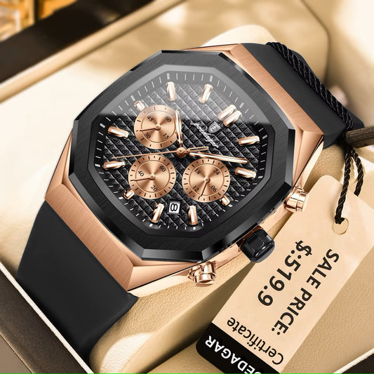 Poedagar 893 New Silicone Strap Men Watches Waterproof Luminous Chronograph Quartz Watches for Men 893 RG BK C