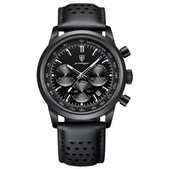 Black watch with detailed face and leather strap on a white background, featuring the Poedagar brand.