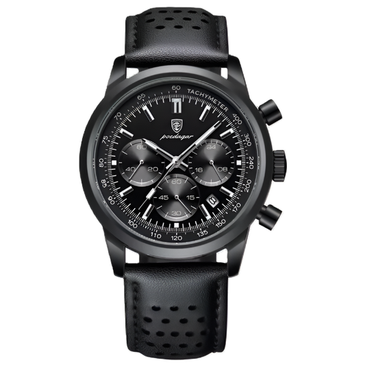 Black watch with detailed face and leather strap on a white background, featuring the Poedagar brand.