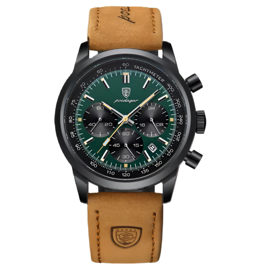 Wristwatch with green dial and brown leather strap, featuring POEDAGAR brand logo.