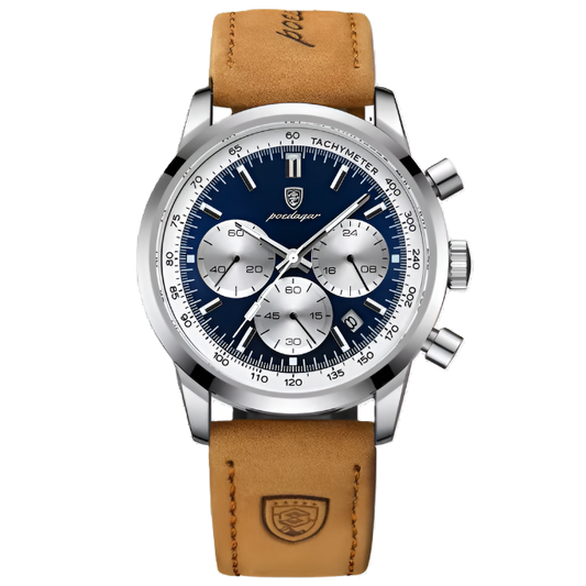 POEDAGAR watch with brown leather strap and blue dial on a white background