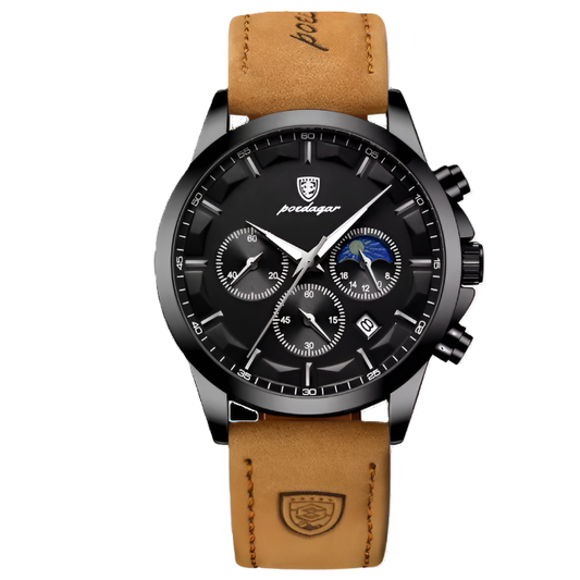 POEDAGAR watch with brown leather strap on a white background