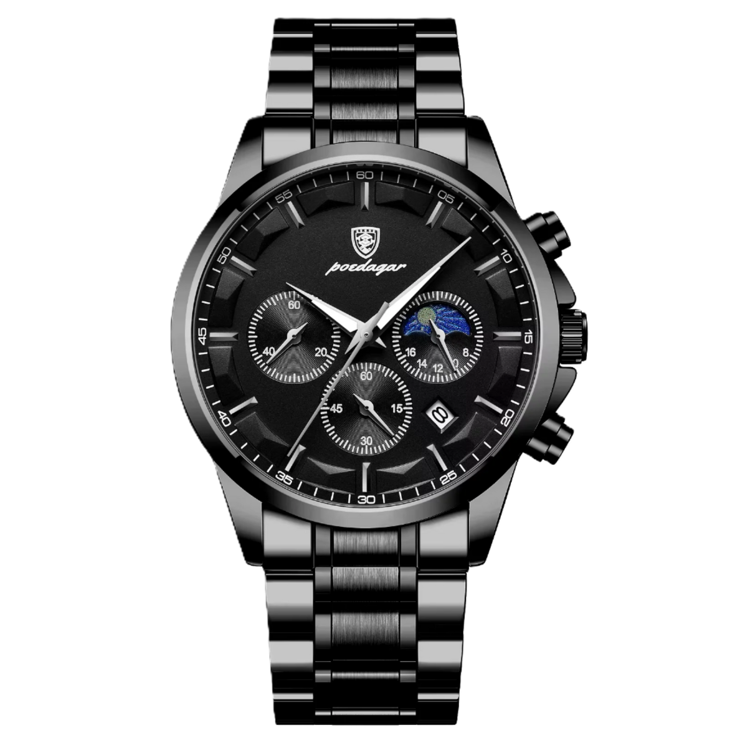 Black wristwatch with detailed face and metal strap on a white background, featuring the Poedagar brand.