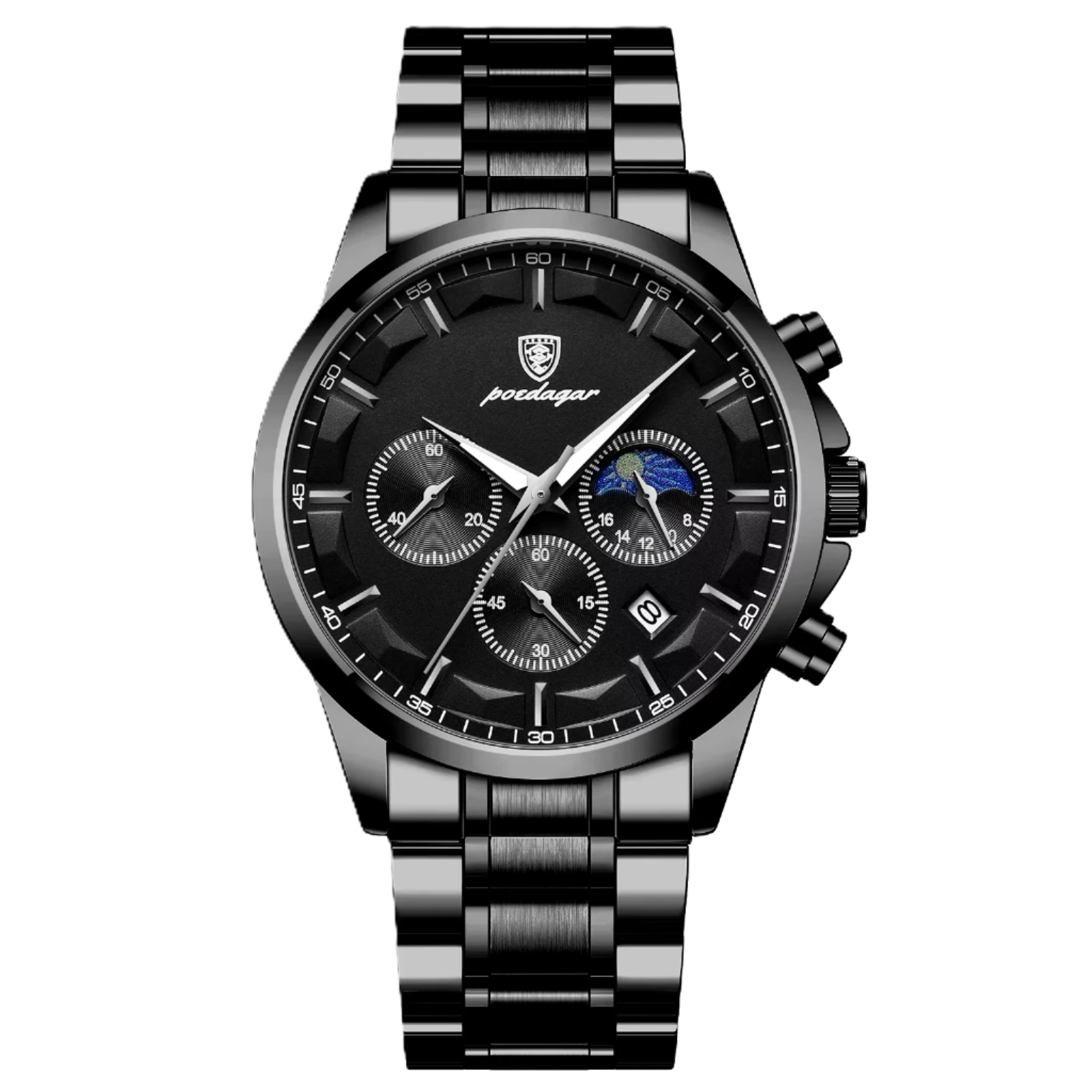 Black wristwatch with detailed face and metal strap on a white background, featuring the Poedagar brand.