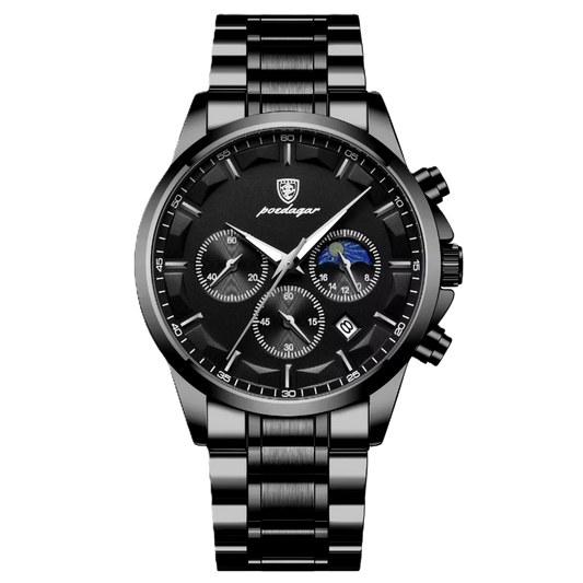 Black wristwatch with detailed face and metal strap on a white background, featuring the Poedagar brand.