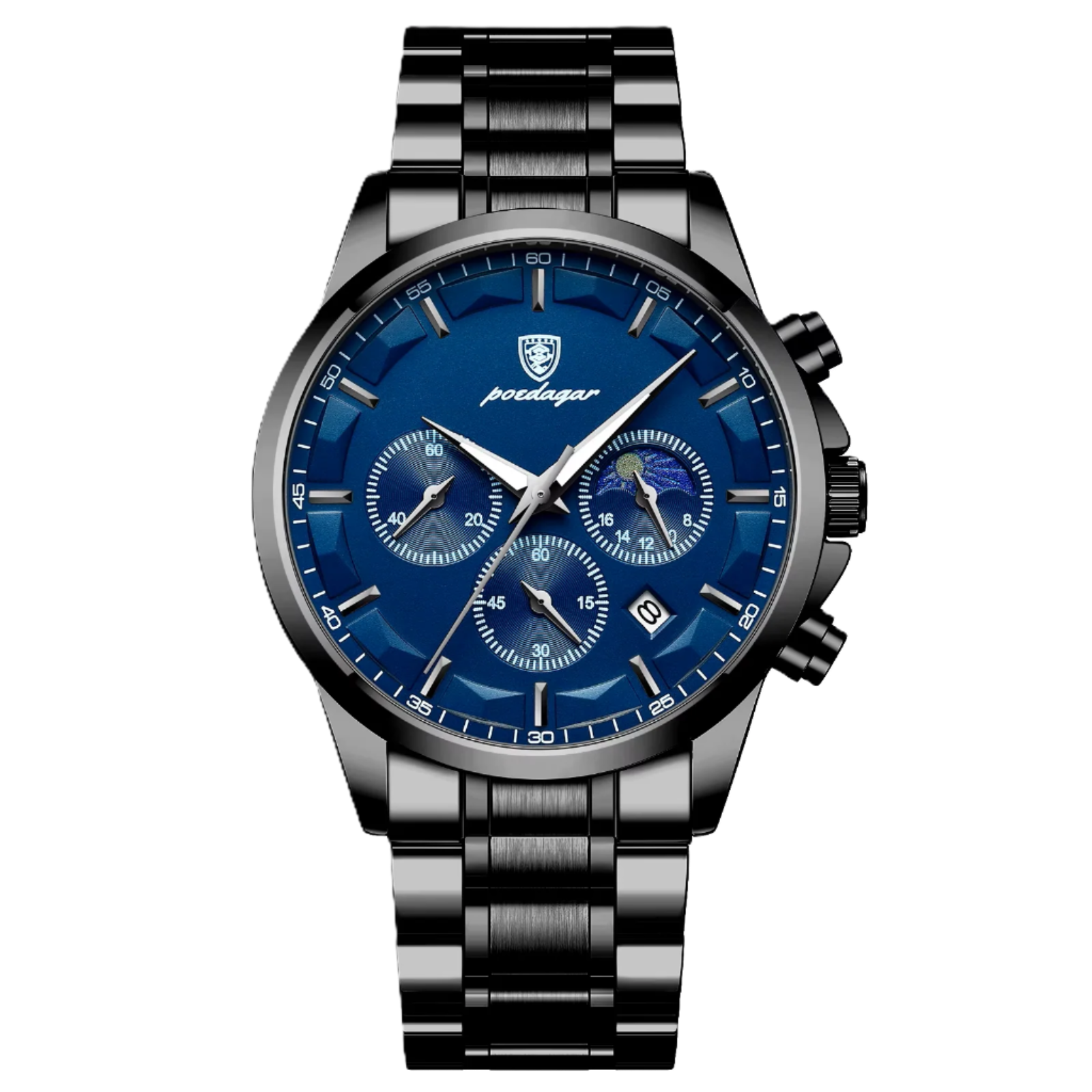 POEDAGAR watch with blue dial and silver bracelet on a white background