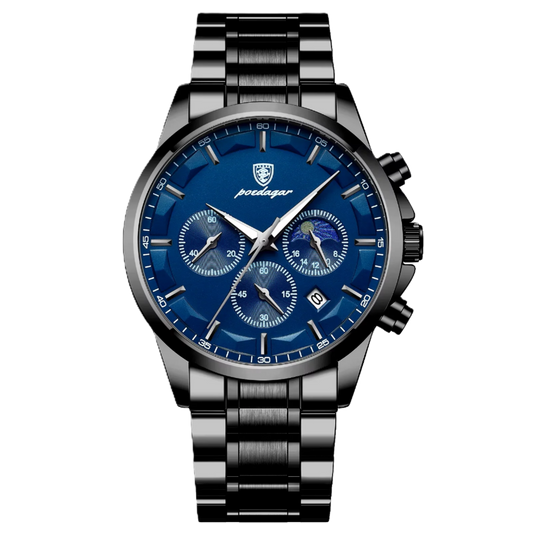 POEDAGAR watch with blue dial and silver bracelet on a white background
