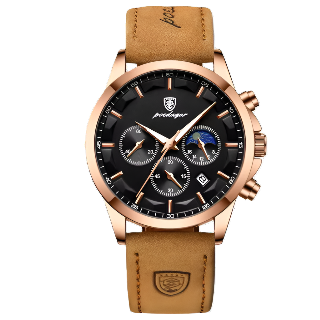 Luxury watch with brown leather strap and rose gold casing on a white background, featuring the POEDAGAR brand.