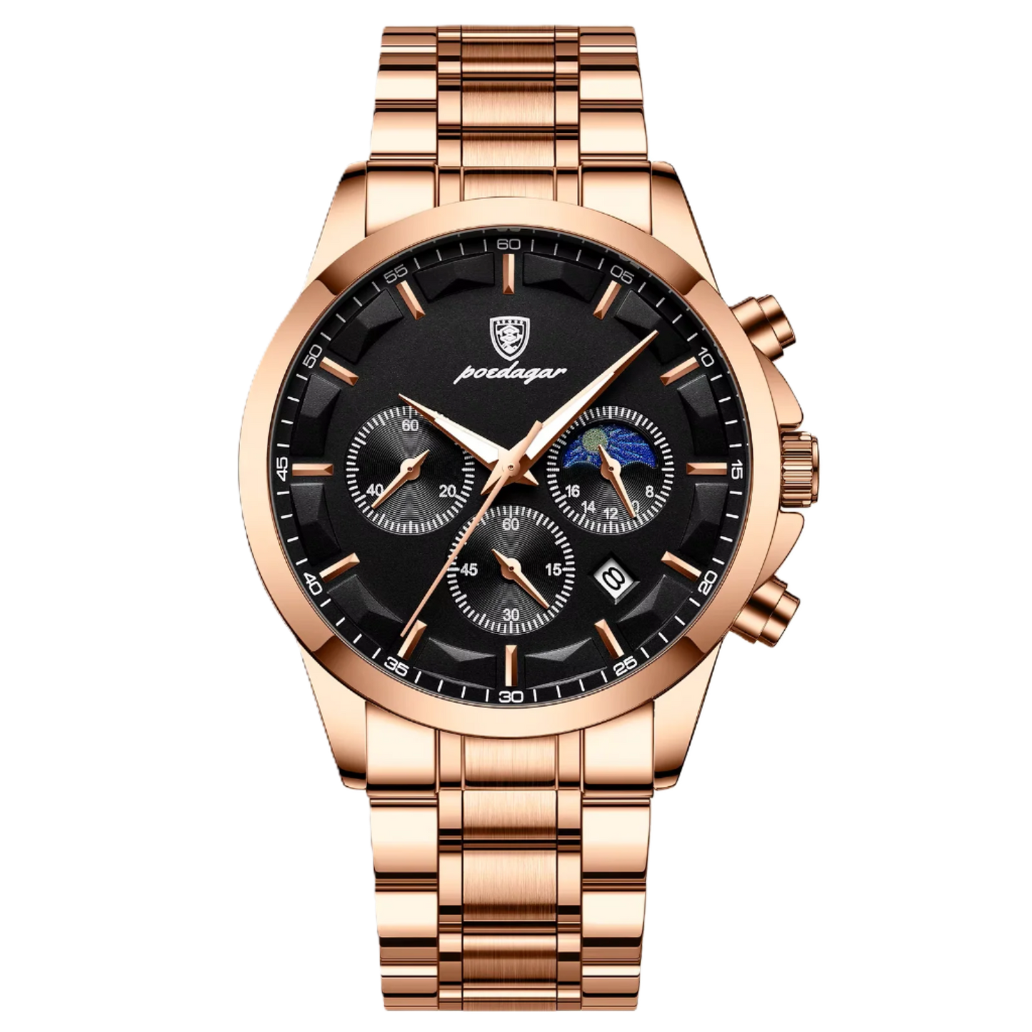 Rose gold watch with black dial on a white background, featuring the POEDAGAR brand.