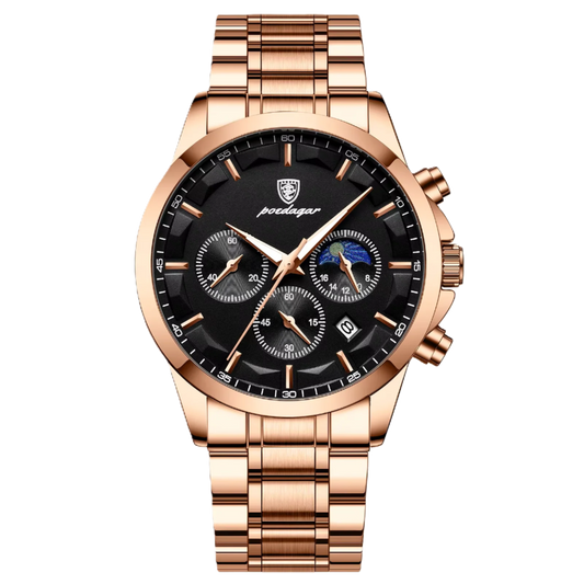 Rose gold watch with black dial on a white background, featuring the POEDAGAR brand.