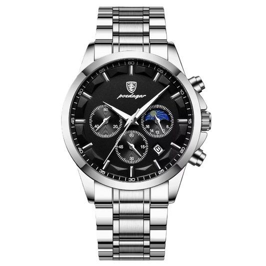 Silver watch with black dial on a white background, featuring the Poedagar brand.