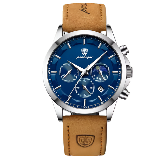 Wristwatch with blue dial and brown leather strap, featuring POEDAGAR brand logo.