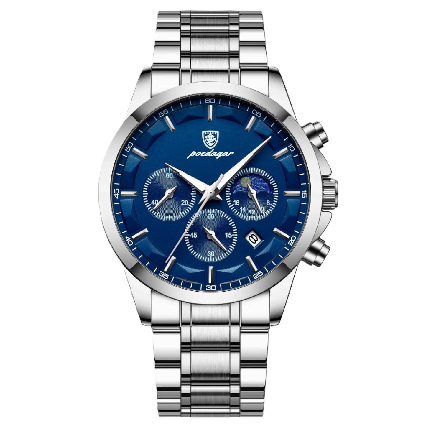 Silver watch with blue dial on a white background, featuring the POEDAGAR brand.