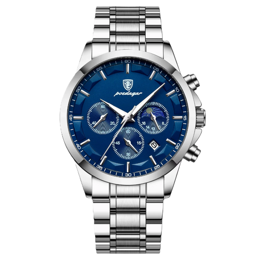 Silver watch with blue dial on a white background, featuring the POEDAGAR brand.