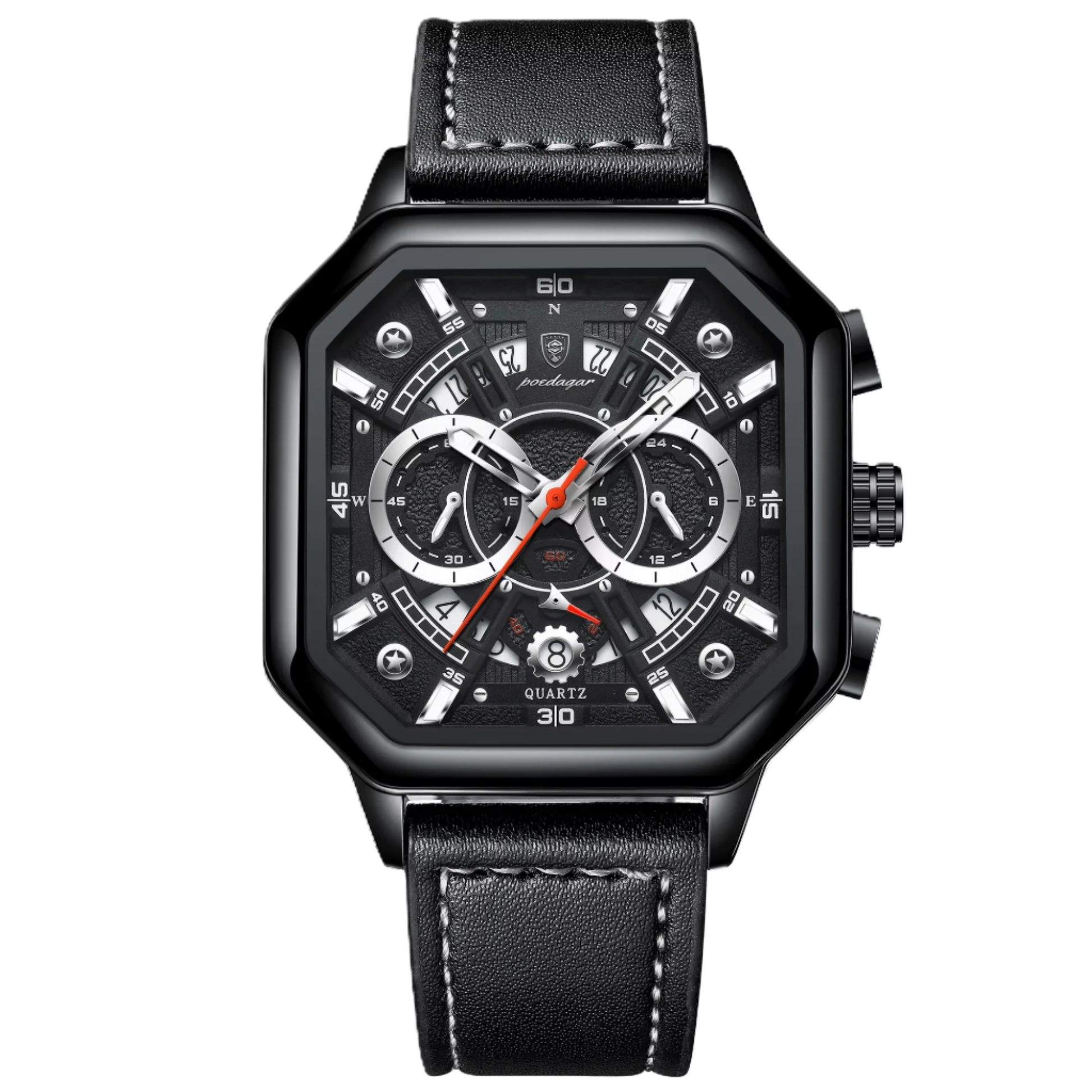 Black wristwatch with detailed face and leather strap on a white background, featuring the Poedagar brand.