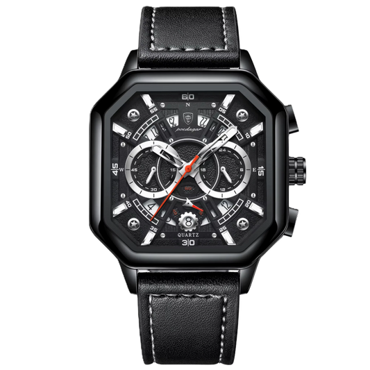 Black wristwatch with detailed face and leather strap on a white background, featuring the Poedagar brand.