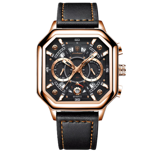 Poedagar Luxury Square Leather Quartz Men Watches Waterproof Luminous Chronograph Watch for Men 983 GD BK L