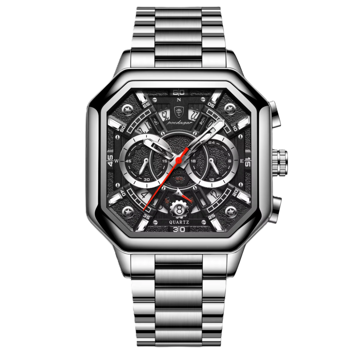 Poedagar Luxury Square Stainless Steel Quartz Men Watches Waterproof Luminous Chronograph Watch for Men 983 SL BK S