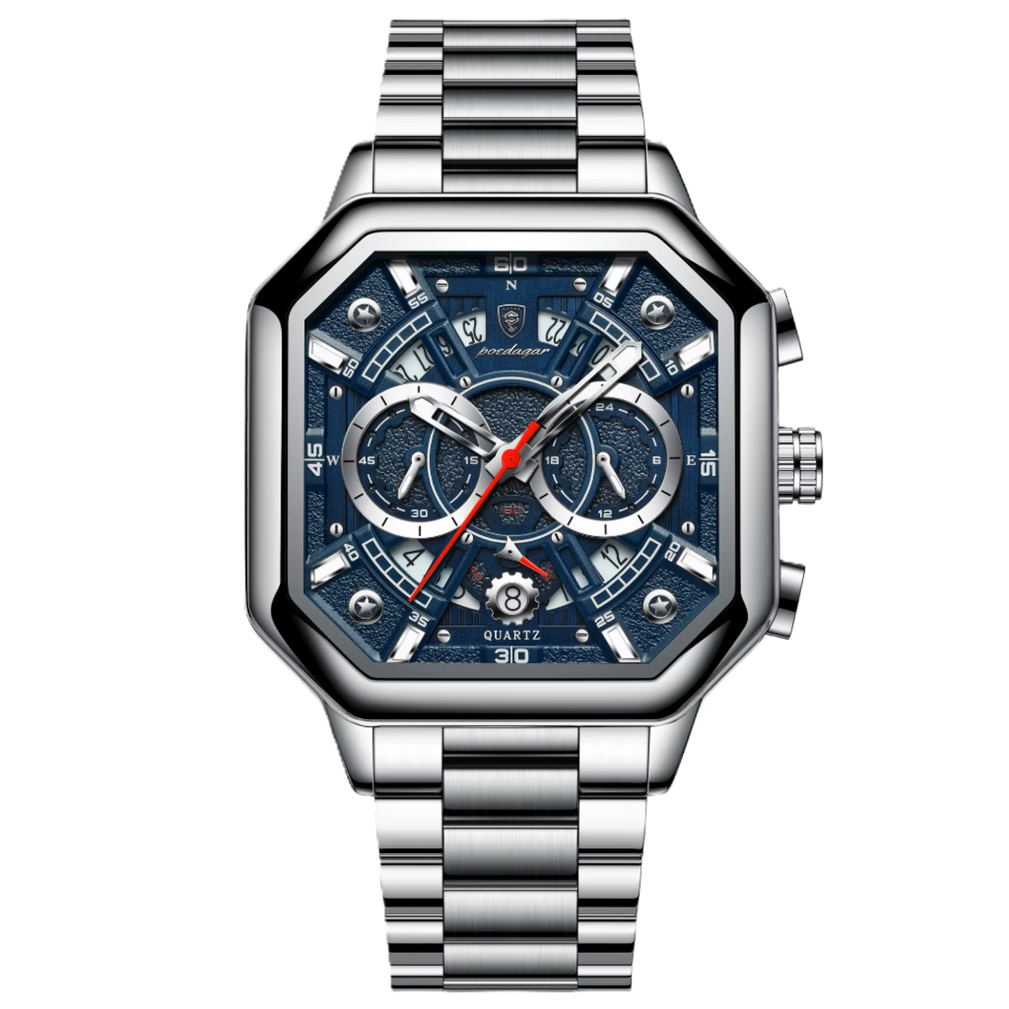Poedagar Luxury Square Stainless Steel Quartz Men Watches Waterproof Luminous Chronograph Watch for Men 983 SL BU S